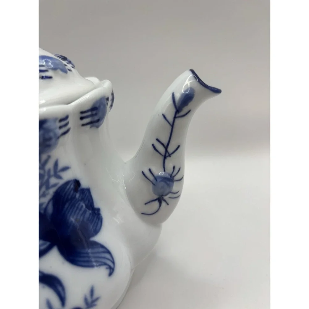 Tea Pot Scalloped Rim Flowered Porcelain, Cobalt Blue And White Cottage Granny
